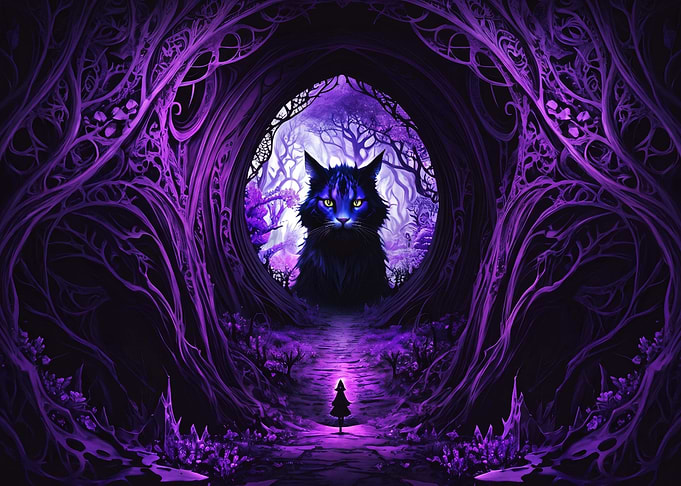 Mystical Cat in Enchanted Purple Forest