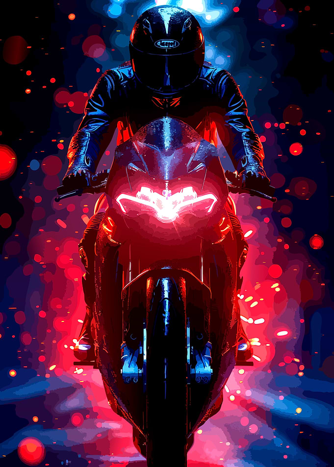 Motorcyclist Riding Through Neon Lights