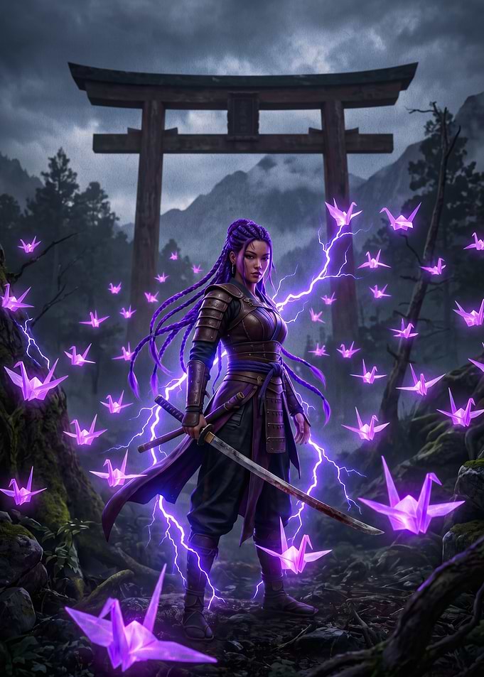 Warrior Woman with Purple Lightning Cranes