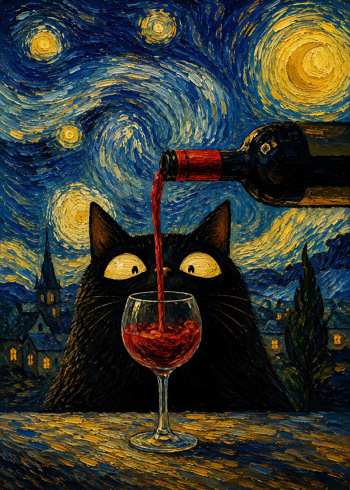 Black Cat Pouring Wine Starry Night