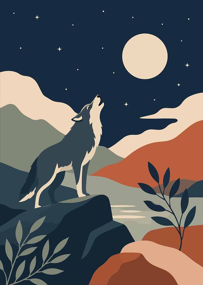 Wolf Howling at the Moon Illustration Boho Art