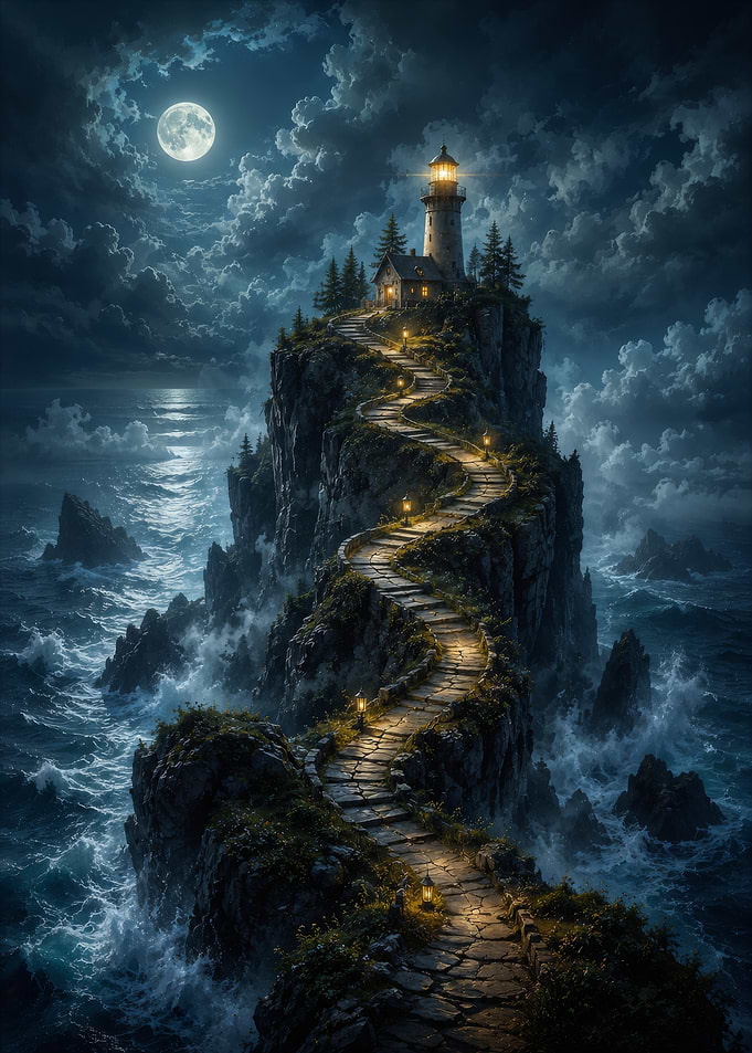 Moonlit Lighthouse on Rocky Cliff