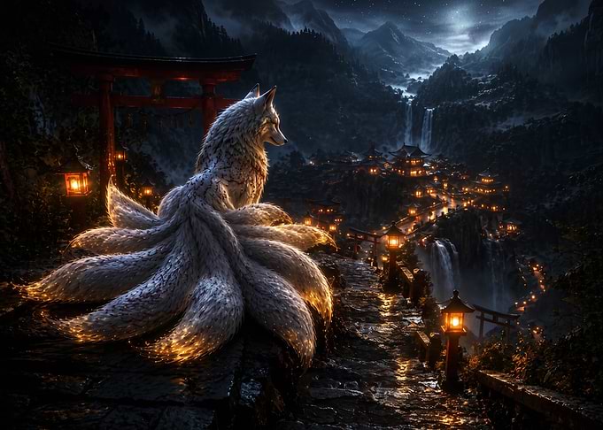 Nine-Tailed Fox Overlooking Ancient Village