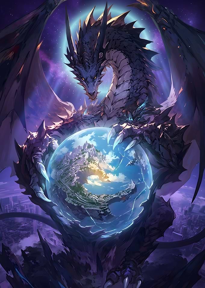 Dark Dragon Holding a World Sphere