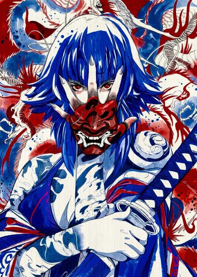 Blue Haired Samurai with Oni Mask
