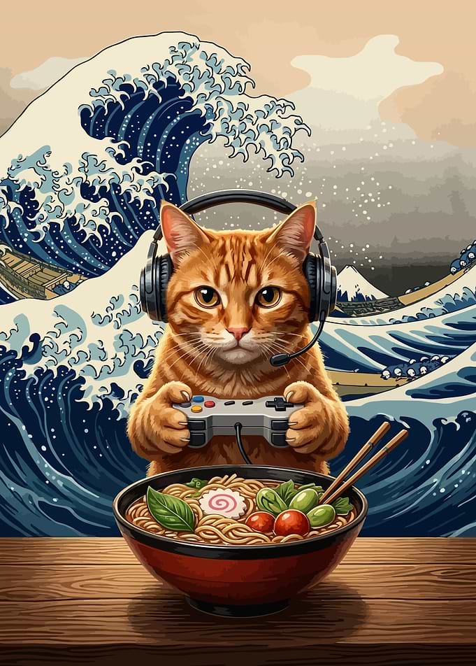 Gamer Cat with Ramen and Wave