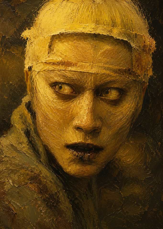 Textured Oil Portrait of Bandaged Figure