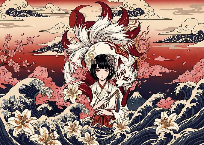 Kitsune Maiden with Traditional Japanese Waves