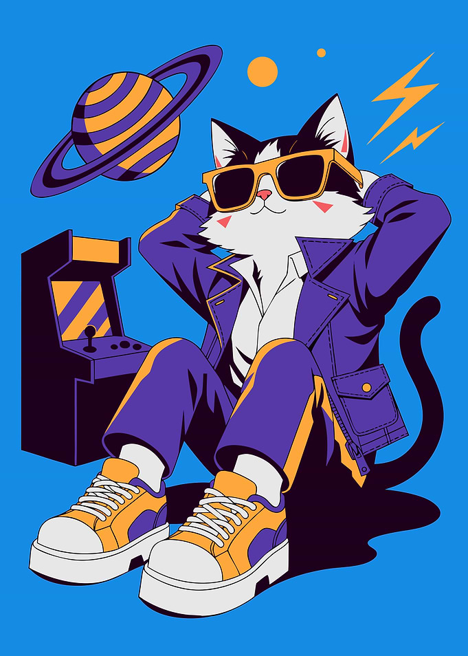 Cool Retro Gaming Cat Illustration