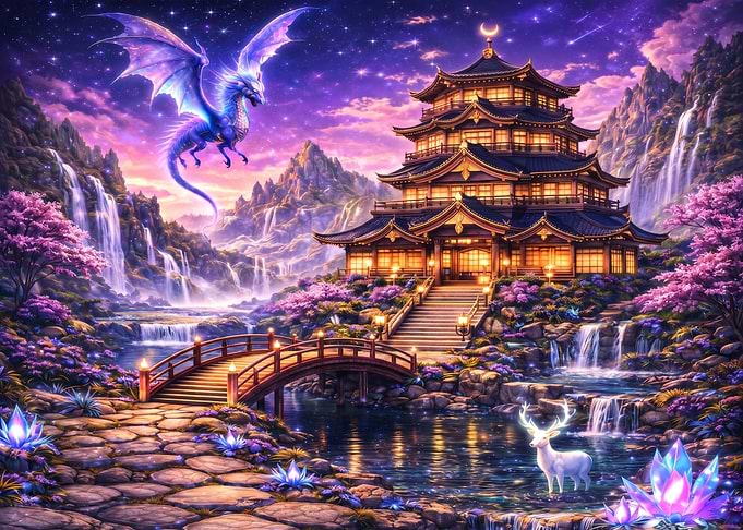 Fantasy Dragon Over Japanese Temple