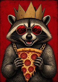 King Raccoon Eating Pepperoni Pizza