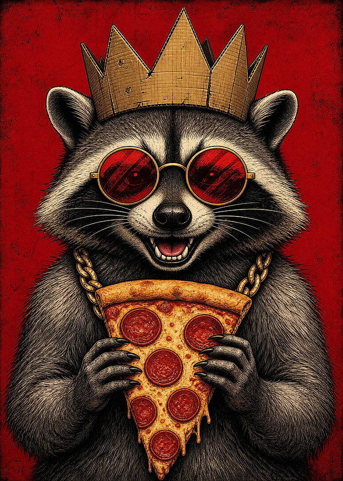 King Raccoon Eating Pepperoni Pizza