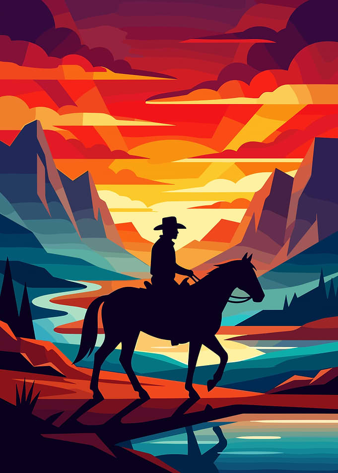 Cowboy Riding Horse at Sunset
