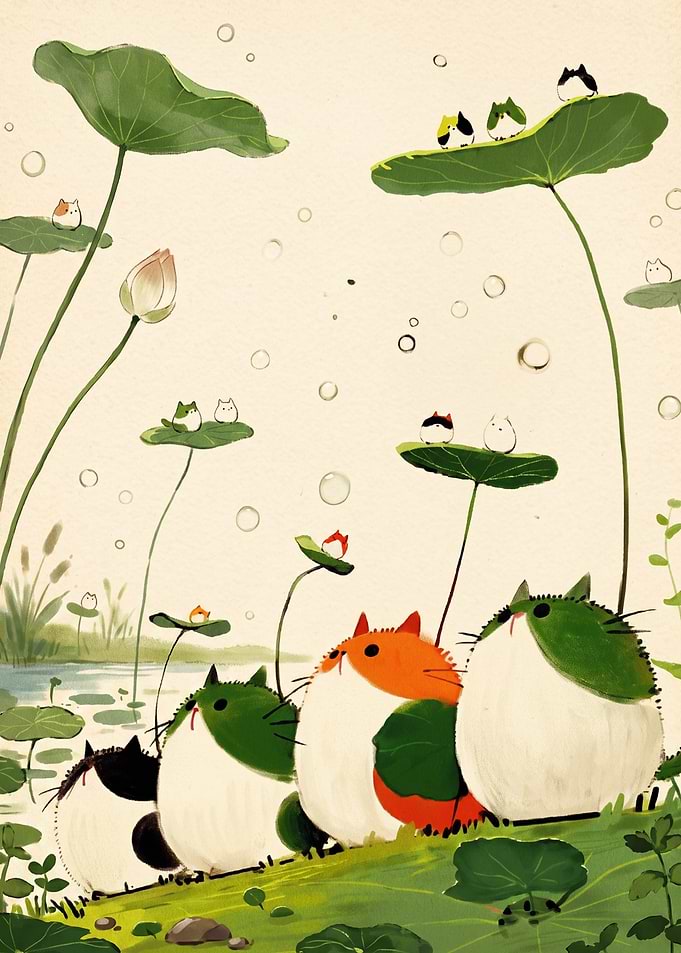 Whimsical Round Cats in Lotus Pond