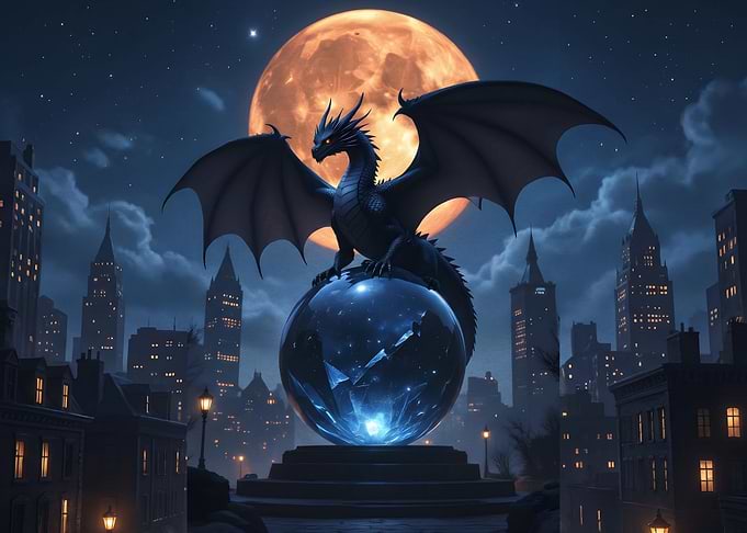 Dragon Perched on Glowing Crystal Sphere