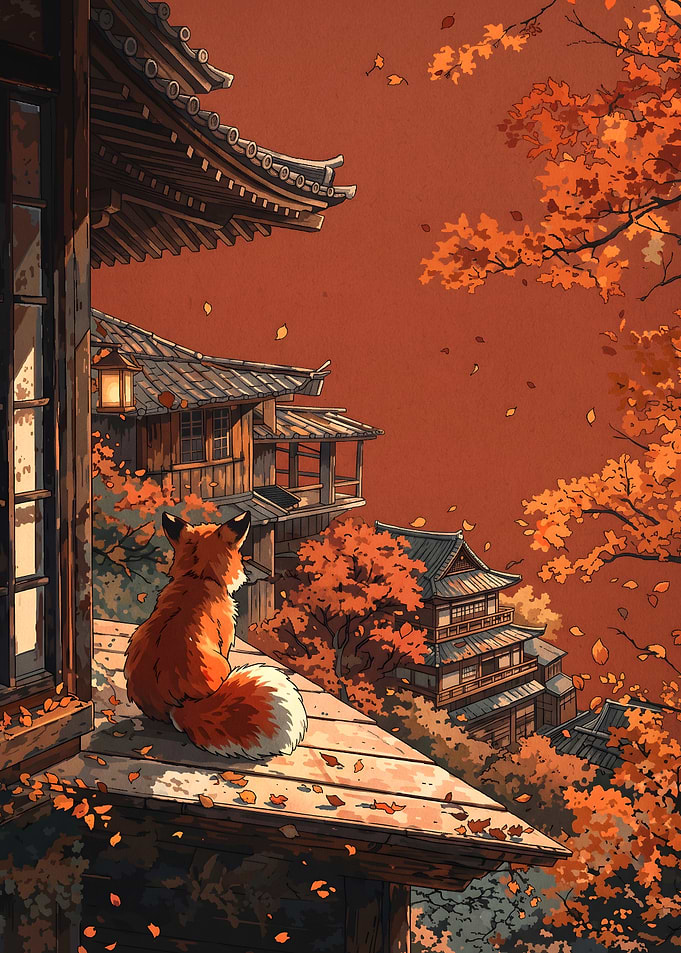 Fox overlooking traditional Japanese temple