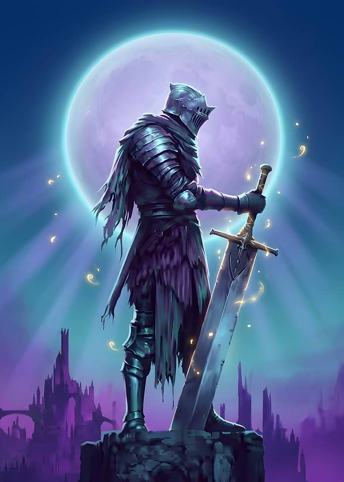 Knight Standing Before a Moonlit Castle