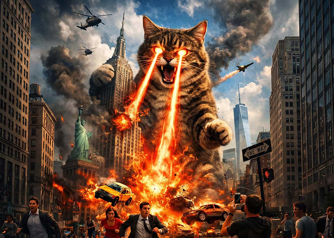 Giant Laser-Eyed Cat Attacking New York