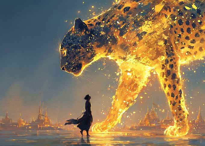 Giant Fiery Leopard and Woman