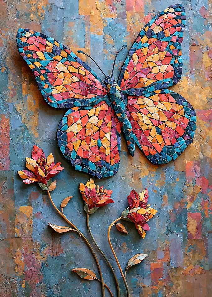 Mosaic Butterfly and Flowers Wall Art