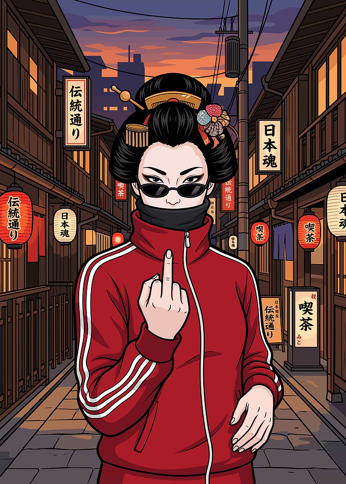 Geisha in Red Tracksuit Giving Finger