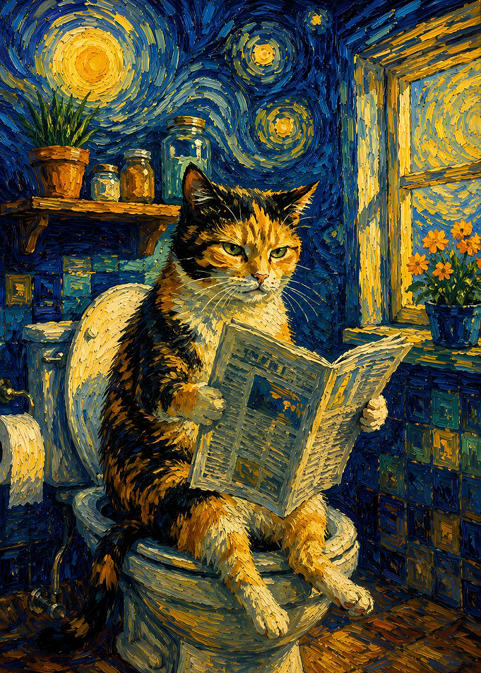 Cat Reading Newspaper on Toilet