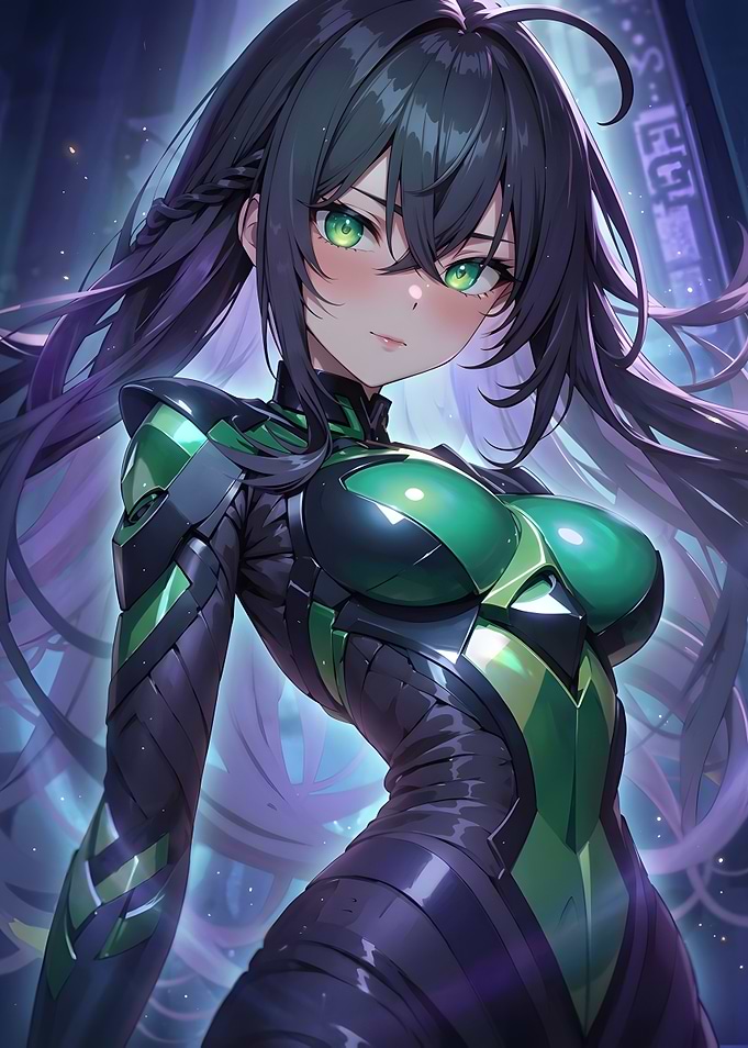 Cybernetic Anime Girl in Green Armor