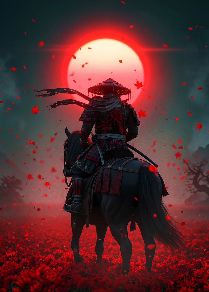 Samurai on Horseback Under Red Moon