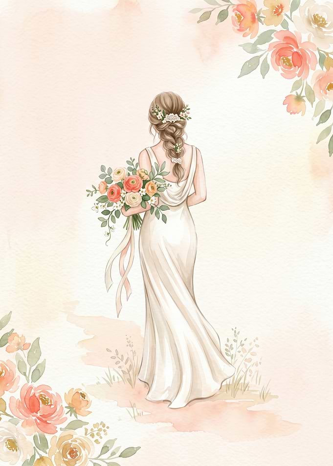 Watercolor Bride with Floral Bouquet