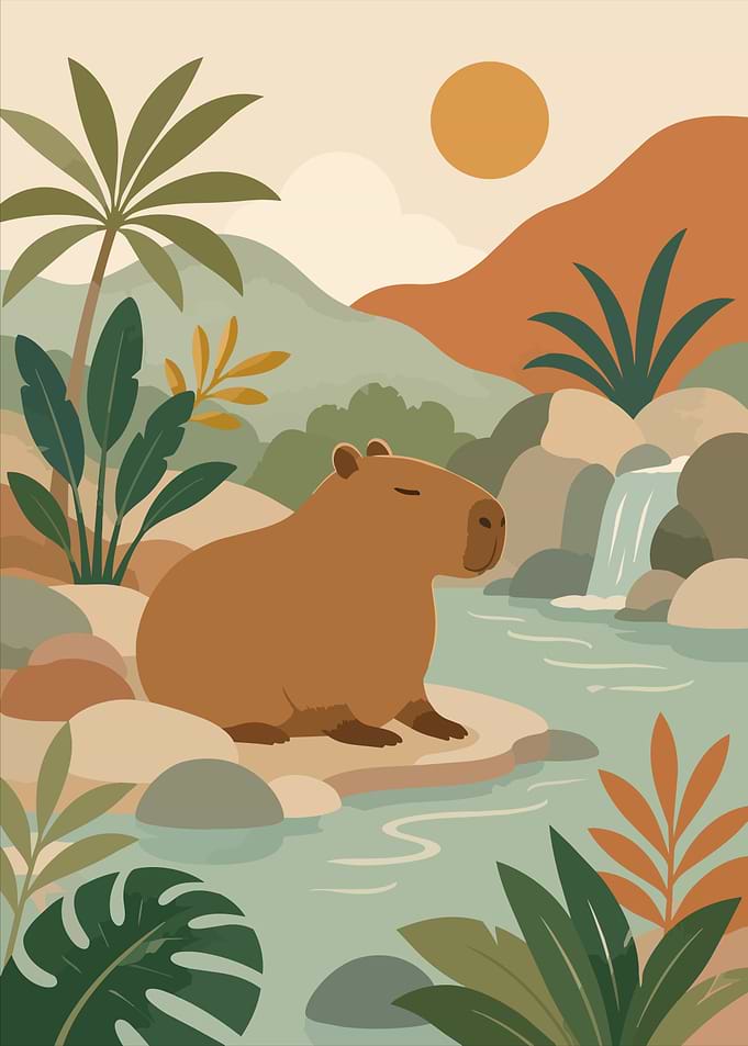 Peaceful Capybara in Tropical Landscape Cute Minimalist Art