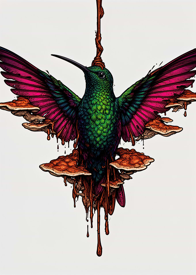 Surreal Hummingbird with Fungi and Drips