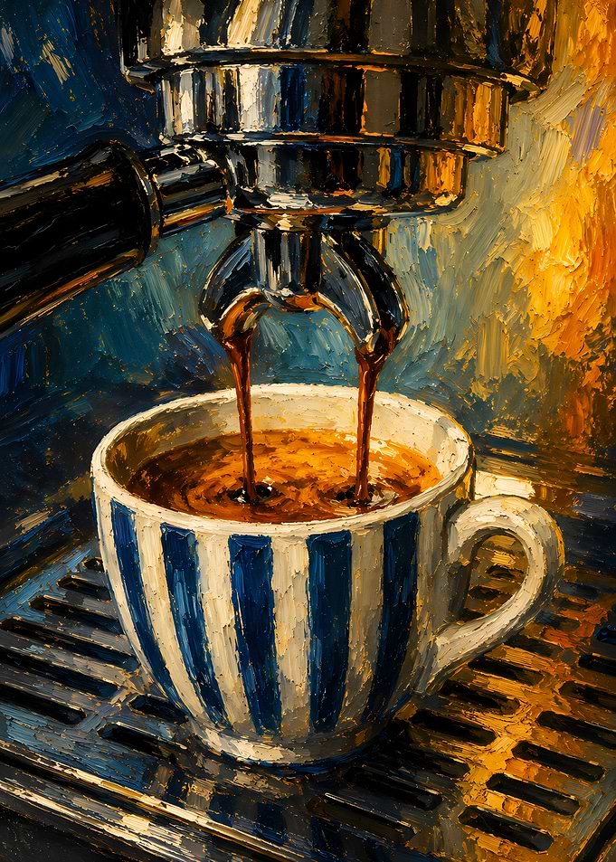 Impressionist Espresso Pouring into Striped Cup