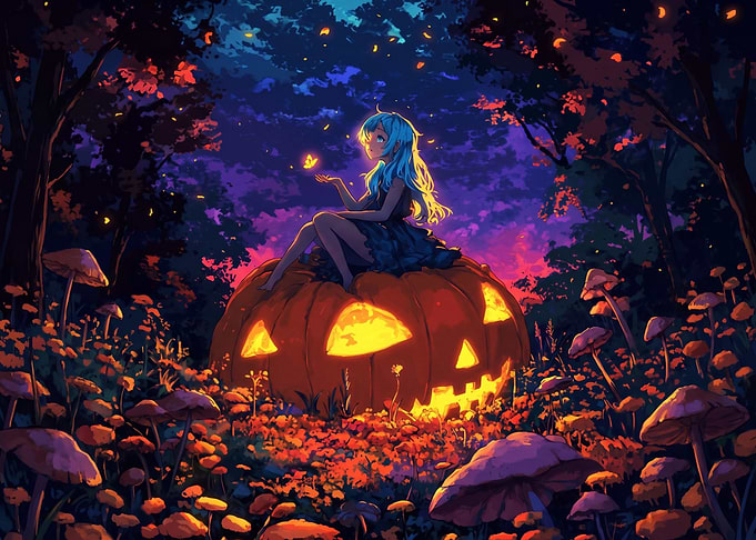 Anime Girl Sitting on Giant Pumpkin