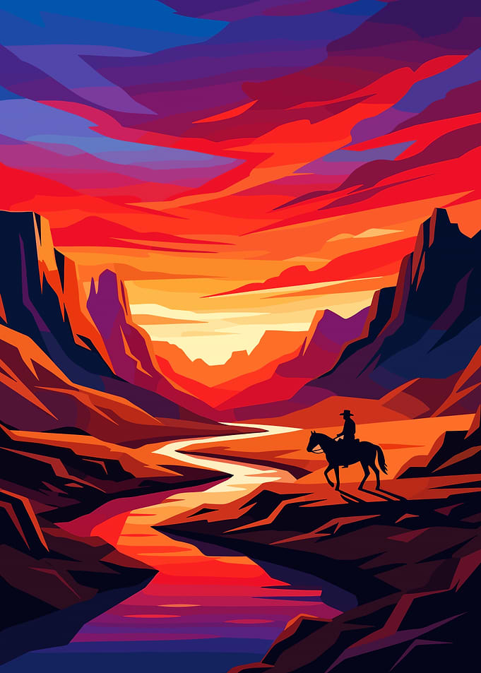 Lone Cowboy in Vibrant Canyon Sunset