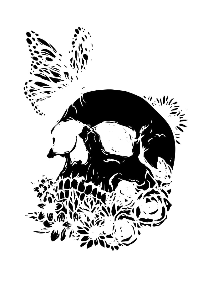 Black and White Skull Floral Butterfly