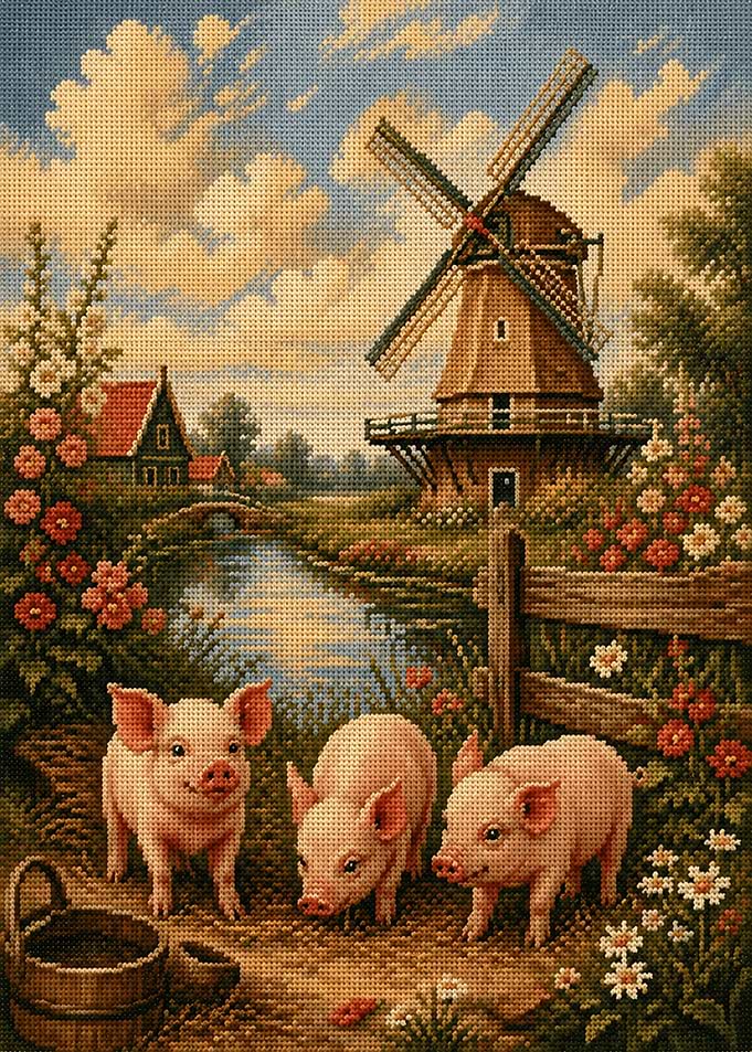 Cross-Stitch Countryside Scene with Piglets
