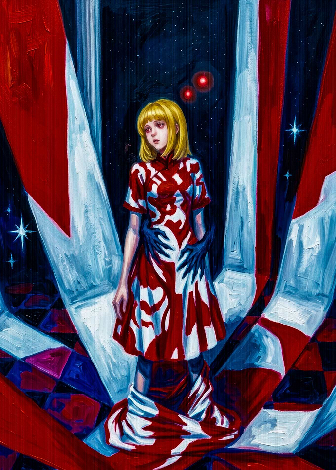 Surreal Anime Girl in Red Dress
