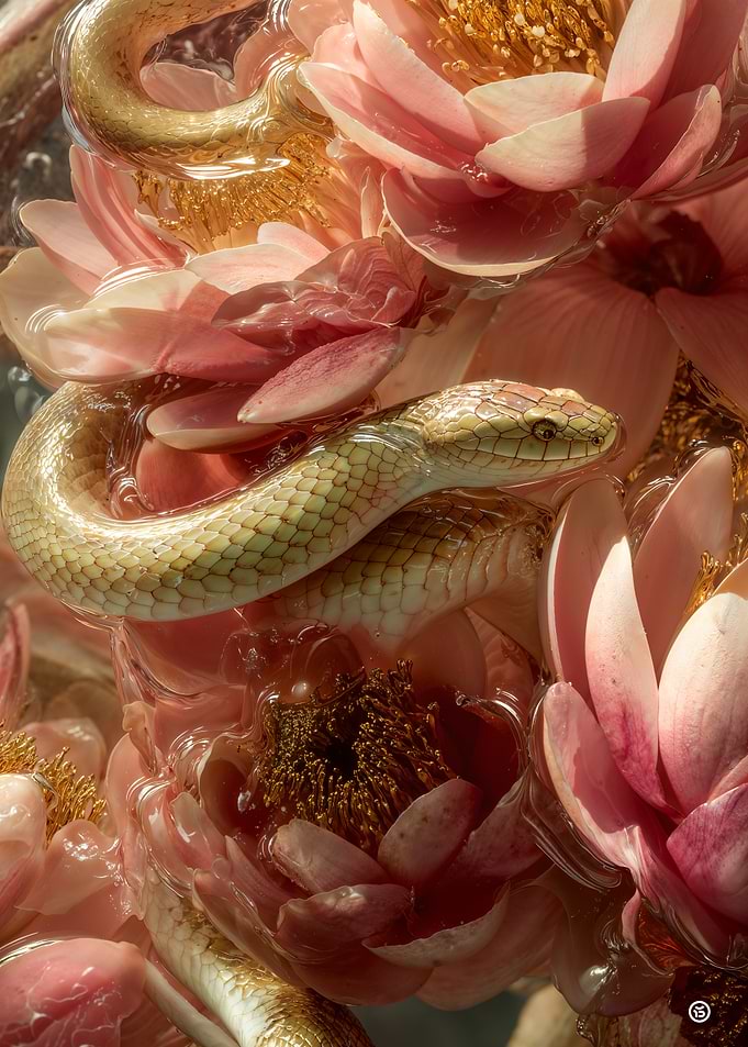 Snake Coiled Among Pink Water Lilies