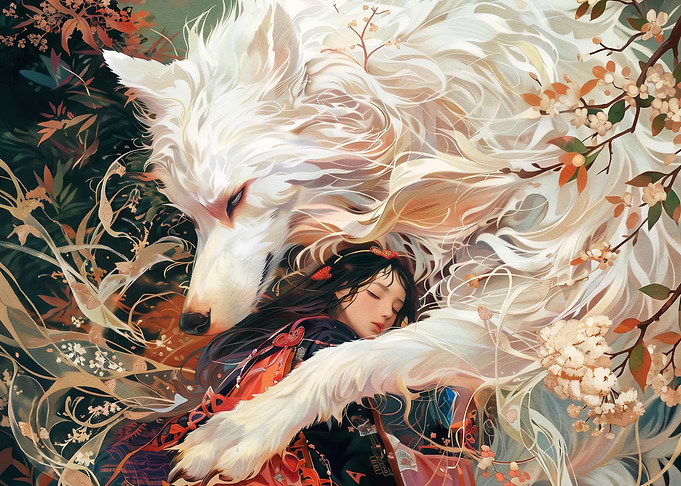 Girl Sleeping with Giant White Wolf