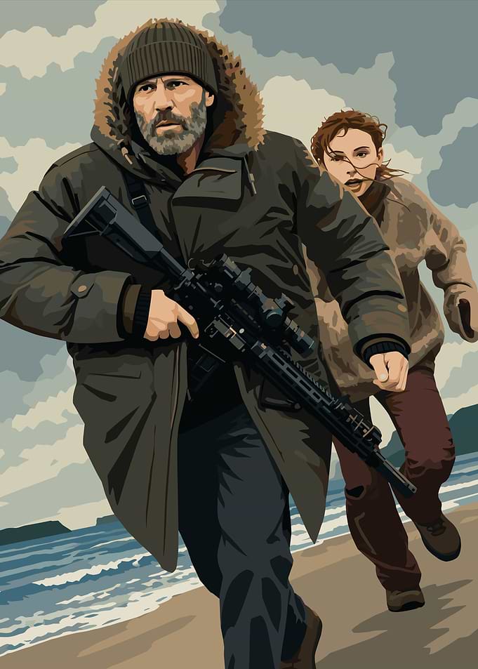 Action Movie Duo Running on Beach