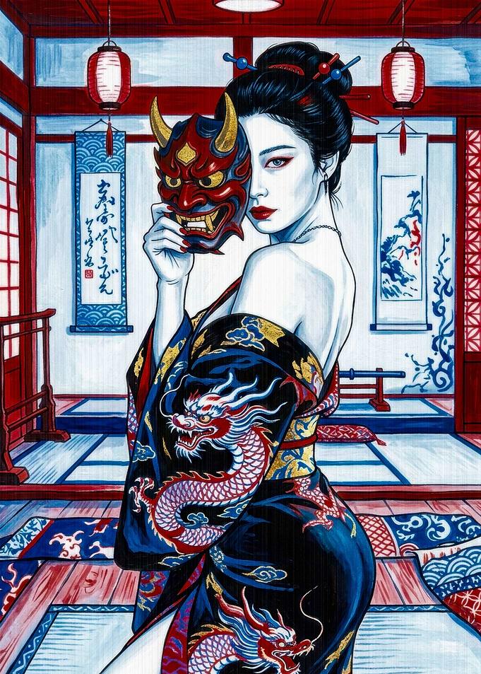 Geisha Holding Oni Mask