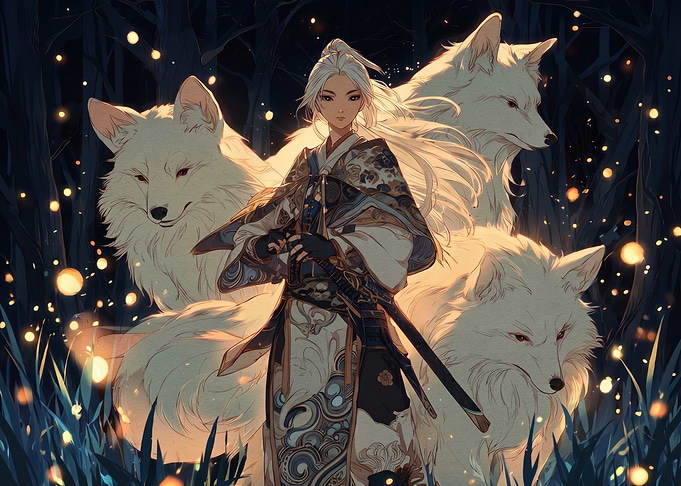 Warrior with White Wolves in Forest