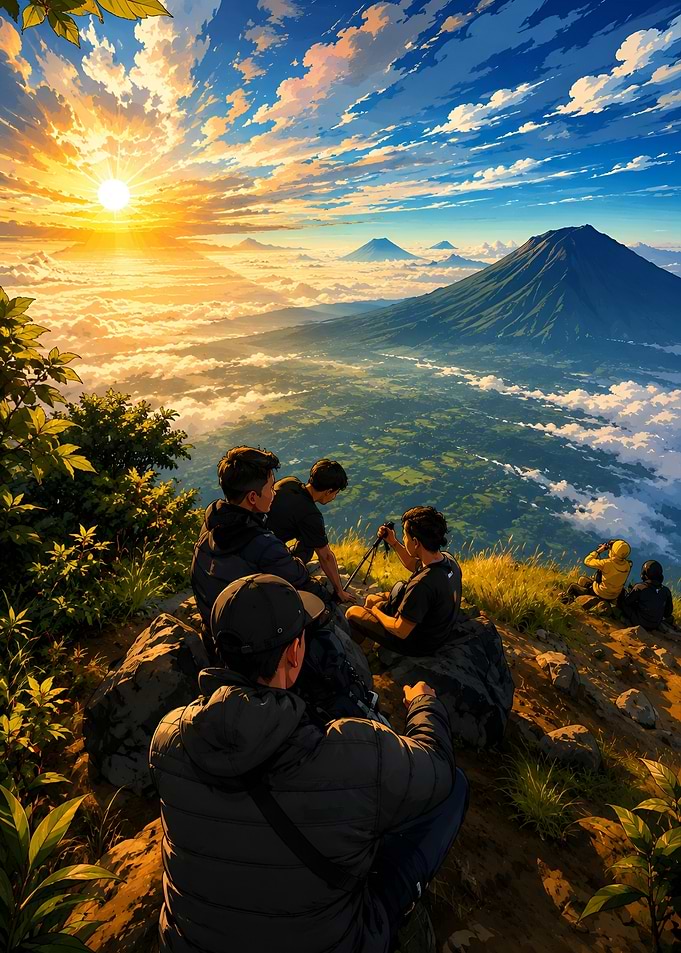 Hikers Watching Sunrise Over Mountains