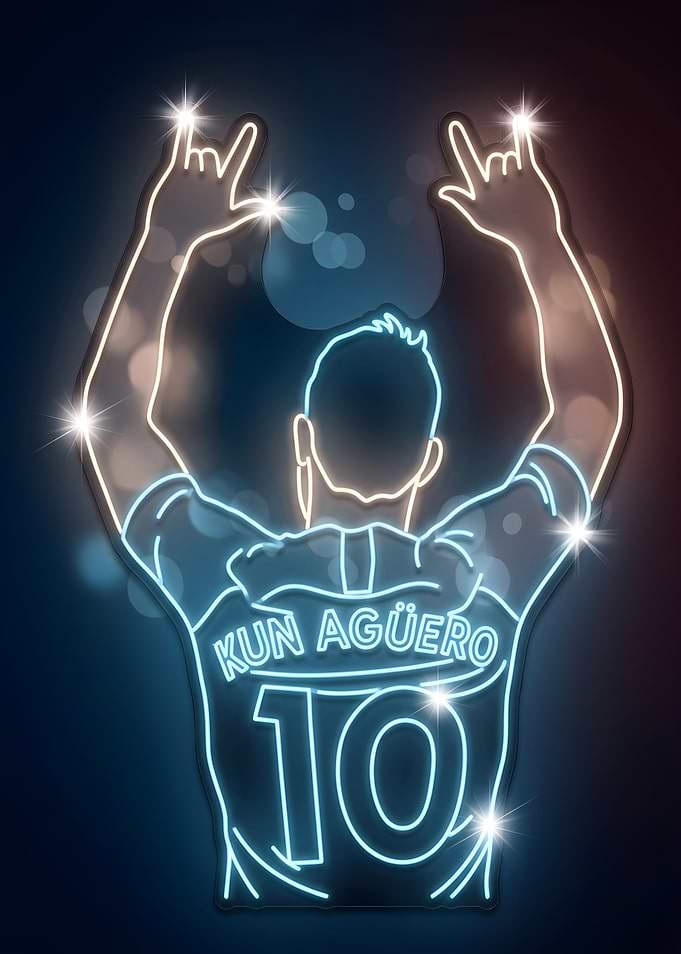 Kun Agüero Neon Football Poster