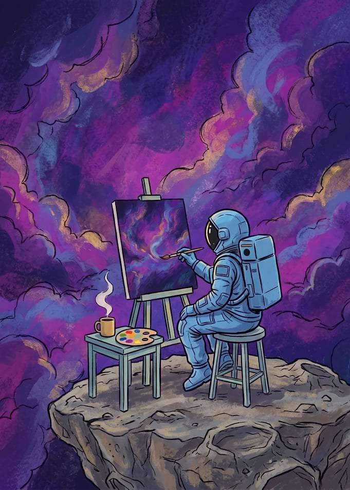 Whimsical Astronaut Painting a Nebula in Space