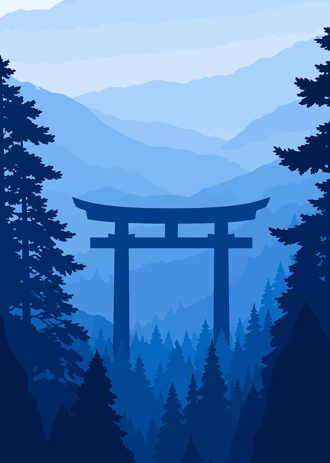 Blue Torii Gate Mountain Landscape