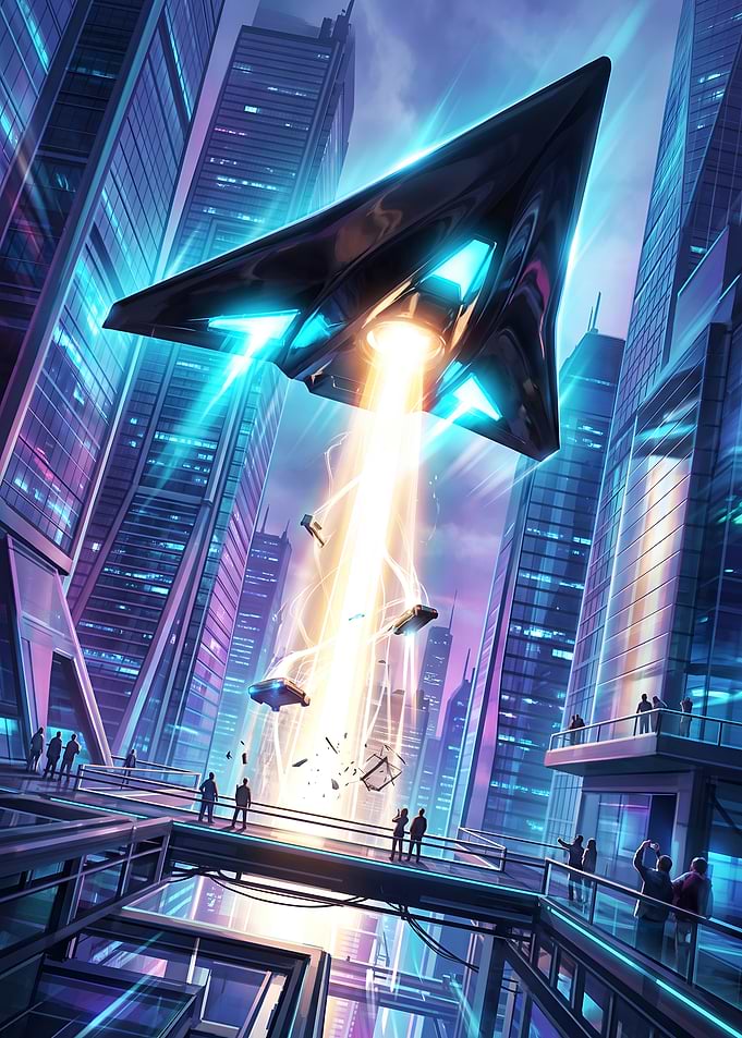 Sci-Fi Spacecraft Ascending Above Future Metropolis