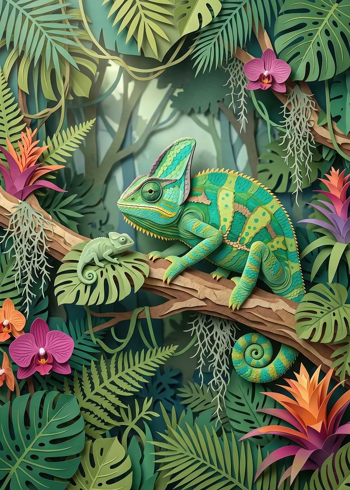 Papercraft Chameleon in Tropical Jungle