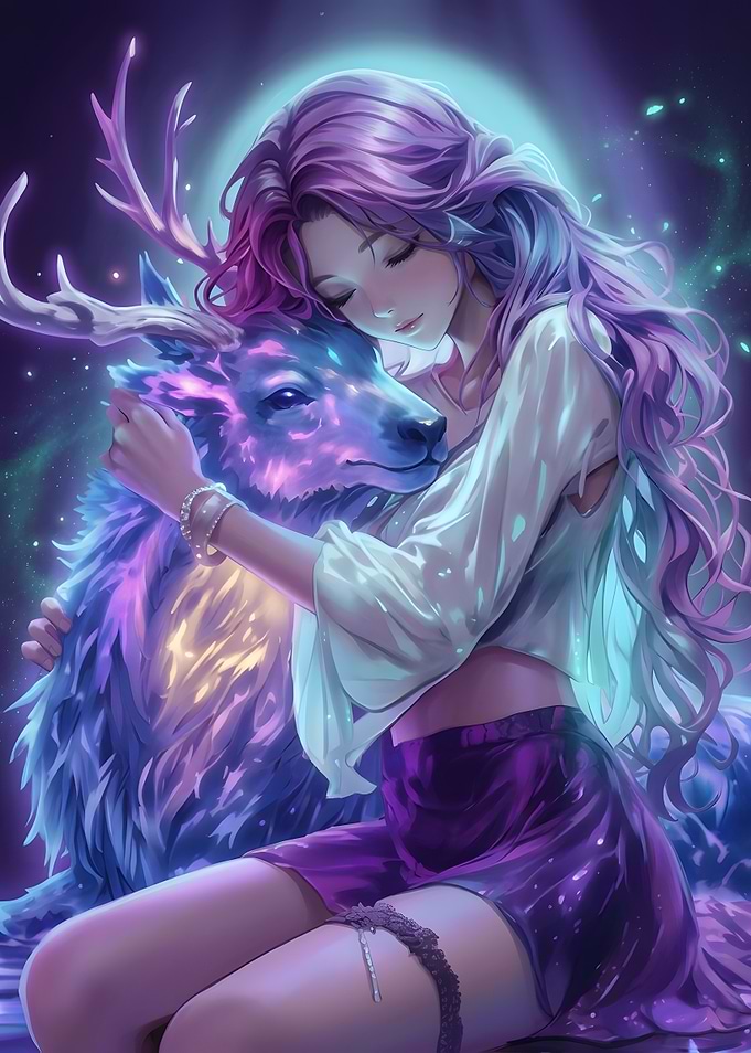 Girl Embracing a Magical Cosmic Deer
