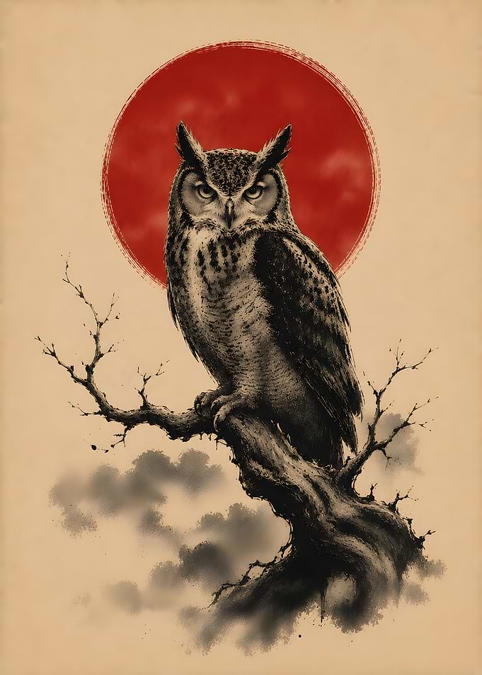 Wise Owl Red Sun Oriental Ink Art